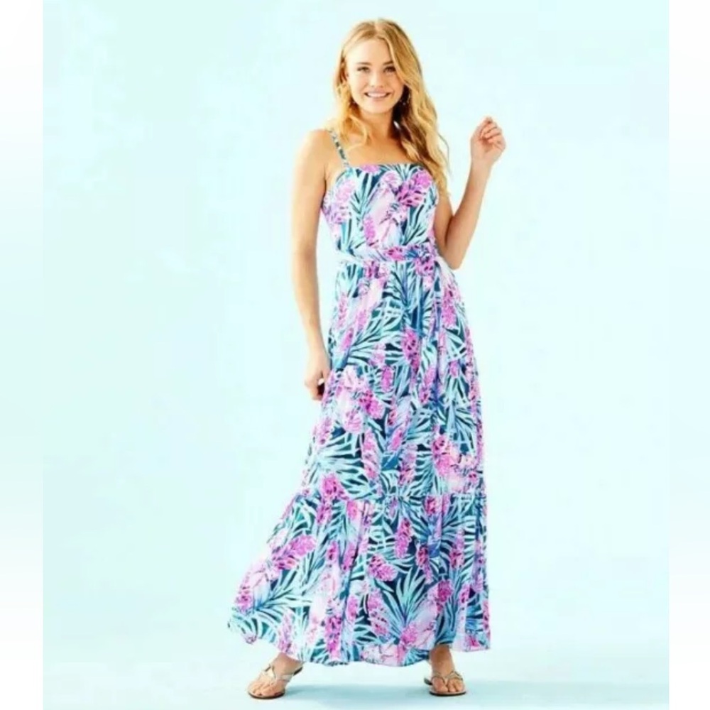 Lilly Pulitzer Blue Pink Tropical Print Maxi Dress - Picture 3 of 9